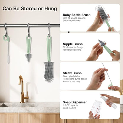 6 in 1 Bottle Cleaner Brush Set with Travel Bottle Drying Racks,360째 Cleaning Baby Bottle Brush