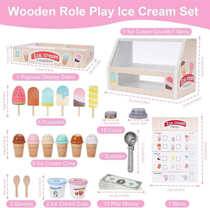 Wooden Ice Cream Toys for Kids Toddler,Ice Cream Counter Shop Pretend Play Toy Food Kitchen Accessories,Play Food Scoop and Serve, Play Kitchen Sets for Kids,Christmas Birthday Gift for Girls Boys