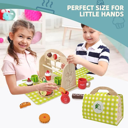 Wooden Tea Party Set for Little Girls with Handbag, Pretend Play Food Toys Kitchen Accessories Playset for Kids Toddlers 2 3 4 5