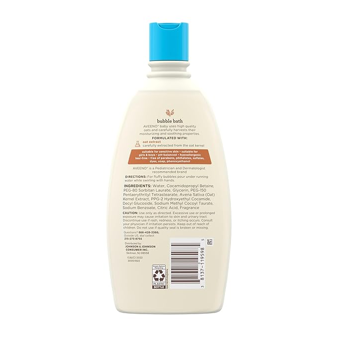 Aveeno Baby Sensitive Skin Bubble Bath with Oat Extract, Gently Cleanses and Leaves Skin Feeling Hydrated 19.2 fl.