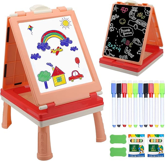 Table Art Easel for Kids, Double Sided Foldable Tabletop Drawing Easels Chalkboard Desk with Graffiti and Board Game Accessories Supplies for Boys and Girls (Pink)