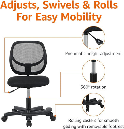 Amazon Basics Kids Adjustable Mesh Low-Back Swivel Study Desk Chair with Footrest, Black