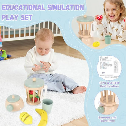 Wooden Blender Toys Play Kitchen Set for Kids-Fruit Juicer Maker Toy,Pretend Cutting Fruits Toys Mixer Food Play Kitchen Accessories for Kids,Toy Blender for Kids 3+ Years Old（Wood Fruit Blender）