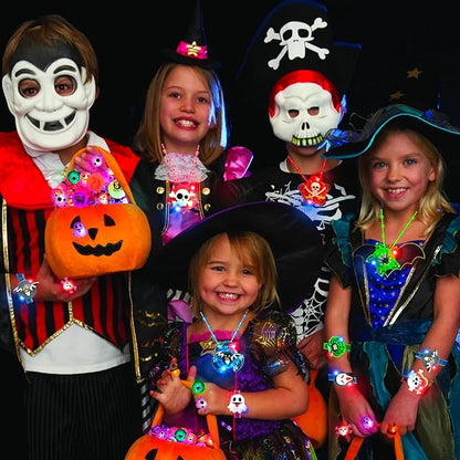 64Pcs Halloween Party Favors for Kids, Glow in The Dark Halloween Toys Bulk Light Up Rings Necklaces Bracelet Halloween Goodie Bag Fillers Stuffers Halloween Treats for Classroom Prizes Trick or Treat