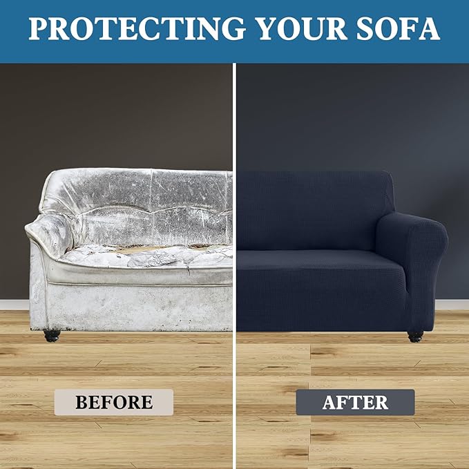 100% Waterproof Jacquard Fabric Couch Cover, Dual Layer with TPU Film, Leakproof High Elasticity Non-Slip Washable Furniture Protector for Pets, Dogs, Cats and Kids (Loveseat,Navy Blue)