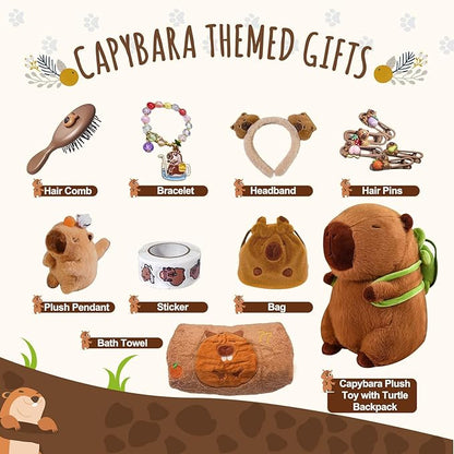 Capybara Plush Gifts for Girls 4 5 6 7 8 9 10+ Years Old, Kids Cute Capybara Toys with Stuffed Animal/Keychain/Bag/Bath Towel/Hair Pins/Bracelet/Headband, Christmas Birthday Plush Toys Set