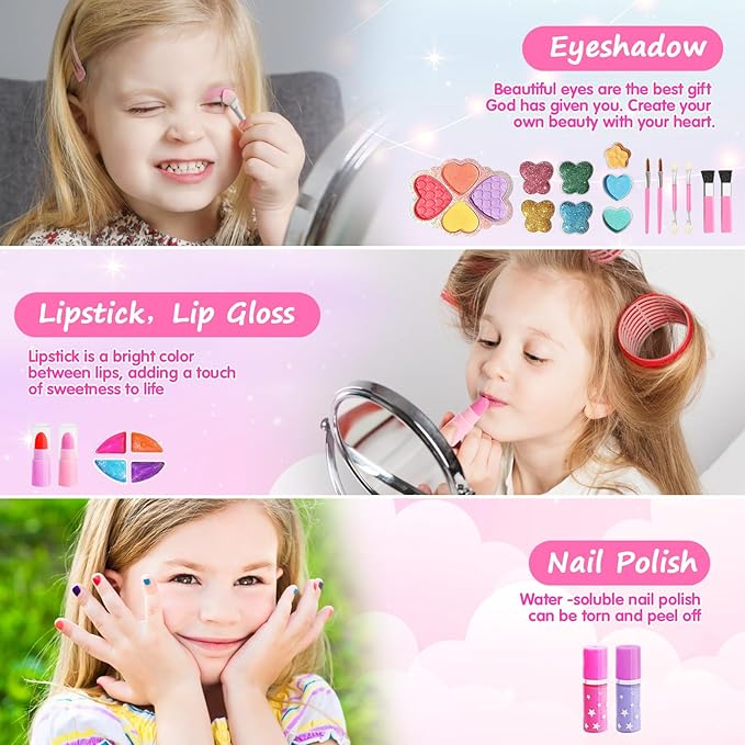 Topsolid Kids Makeup Kit for Girl, Real Washable Makeup for Kids with Mirror, Kids Makeup Sets for Girls 5-8, Princess Toys Cosmetic Set, Christmas & Birthday Gifts Toys for 3 4 5 6 7 8 Year Old Girls