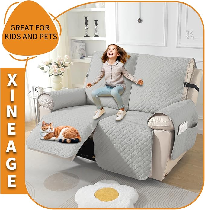 XINEAGE Water Resistant Recliner Cover, 2 seat Recliner Loveseat Covers with Pockets, Quilted Thick Recliner Protector Cover for Dog Pets with Non Slip Backing and Strap(Recliner Loveseat,Light Gray)