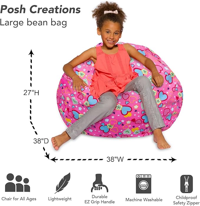 Posh Creations Bean Bag Chair for Kids, Teens, and Adults Includes Removable and Machine Washable Cover, Canvas Multi-Colored Hearts on Pink, 38in - Large