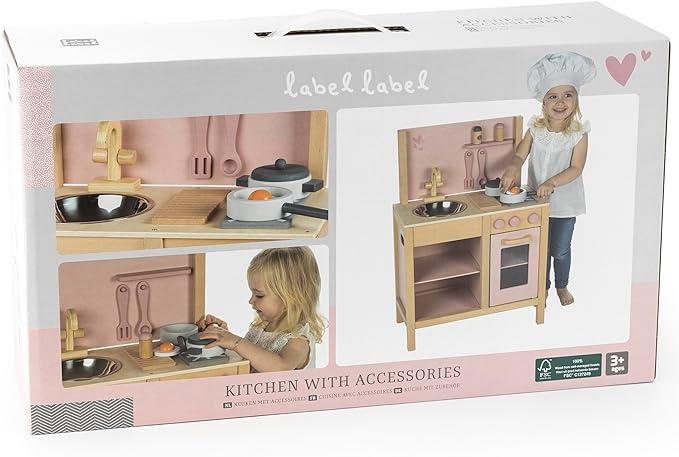 Wooden Kitchen Play Set - Pink - Standing Appliance Toy, Cooking & Food Accessories, Storage-Oven-Sink, Pretend Play Station, Kids Age 3+