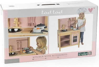 Wooden Kitchen Play Set - Pink - Standing Appliance Toy, Cooking & Food Accessories, Storage-Oven-Sink, Pretend Play Station, Kids Age 3+