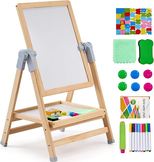 VEVOR Art Easel for Kids, 2-in-1 Wooden Double-Sided Kid's Art Easel with Magnetic Whiteboard & Chalkboard, Adjustable Standing Rotatable Foldable Drawing Board with Painting Accessories for Boy Girl