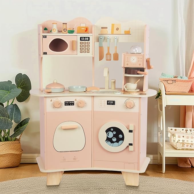 Wooden Kitchen Playset for Kids Ages 3-8, Pretend Play Kitchen for Toddlers with Realistic Design, Cooking Accessories, Coffee Maker, Oven, Microwave, Sink - Large