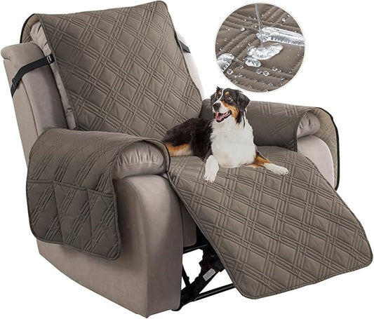 Easehomey 100% Waterproof Recliner Chair Covers, Non Slip Oversized Reclining Cover, Cover Furniture Protector Washable Chair Cover with Pocket,Elastic Straps for Kids,Pets,Dogs(Taupe,28")