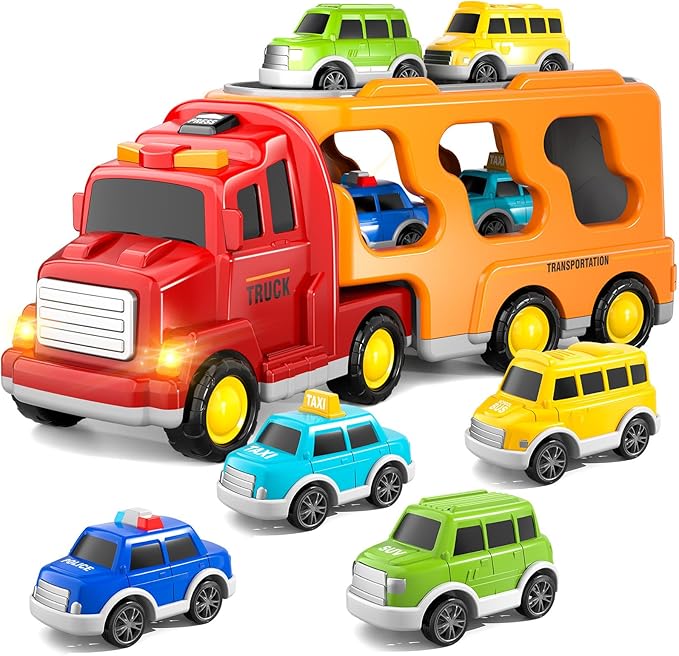 Bennol Trucks Cars Toys for 3 4 5 Year Old Boy Toddler, 5 in 1 Carrier Truck Bus Veihicle Playset Boy Toddler Toys with Light Sound