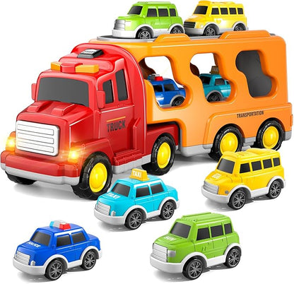 Bennol Trucks Cars Toys for 3 4 5 Year Old Boy Toddler, 5 in 1 Carrier Truck Bus Veihicle Playset Boy Toddler Toys with Light Sound