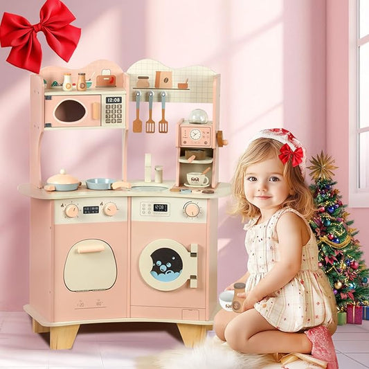 Wooden Play Kitchen for Kids Toddlers, Wooden Pretend Play Kitchen Set Toy with Washing Machine and Coffee Grinder, Toys Kitchen Gift for 3+ Year Old Kids, Girls & Boys
