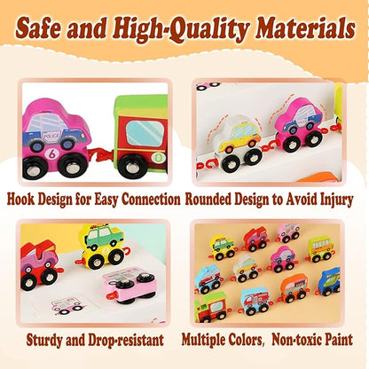 HOMEE Wooden Transportation Train Set for Toddler,11 Pieces Train Toys with Puzzles 0-10 for 3 4 5 Year