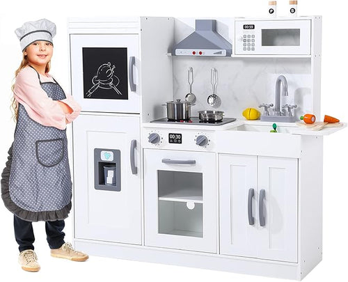 Wooden Kids Kitchen Playset with 20-Piece Cookware Accessories and Realistic Features - Ice Maker, Microwave, Oven, Range Hood, Sink, Lights and Sounds, White