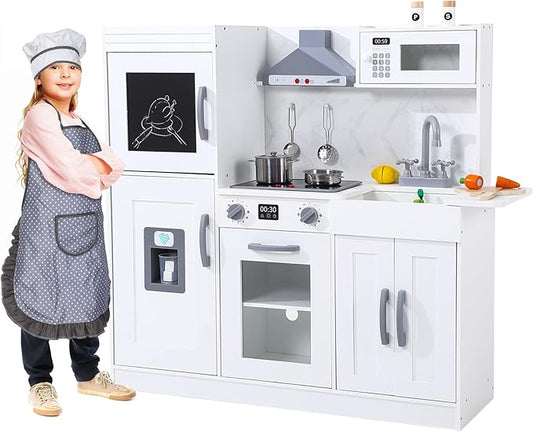 Wooden Kids Kitchen Playset with 20-Piece Cookware Accessories and Realistic Features - Ice Maker, Microwave, Oven, Range Hood, Sink, Lights and Sounds, White