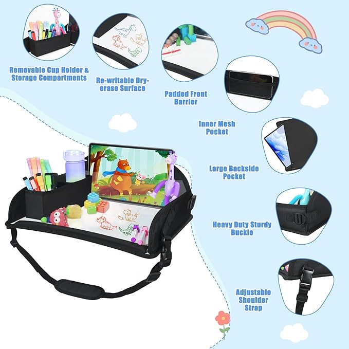 Upgraded Kids Travel Tray for Airplane - Toddler Car Seat Table Tray, Road Trip Essentials for Boys & Girls, Carseat Lap Desk for Kids Road Trip Activities, Black - 2 PCS