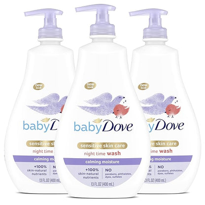 Baby Dove Calming Moisture Sensitive Skin Night Time Wash, 3 Pack Hypoallergenic and Tear-Free Bath Wash 400 ml (3x 13.52