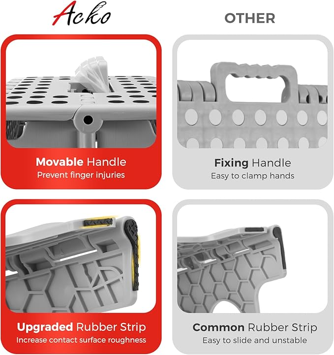 ACKO Folding Step Stool Foldable 17.5 Inch Stool 400 lbs Capacity,Plastic Stools for Adults and Kids,Collapsible Stool for Kitchen, Stepping Stool with Handle(Grey)