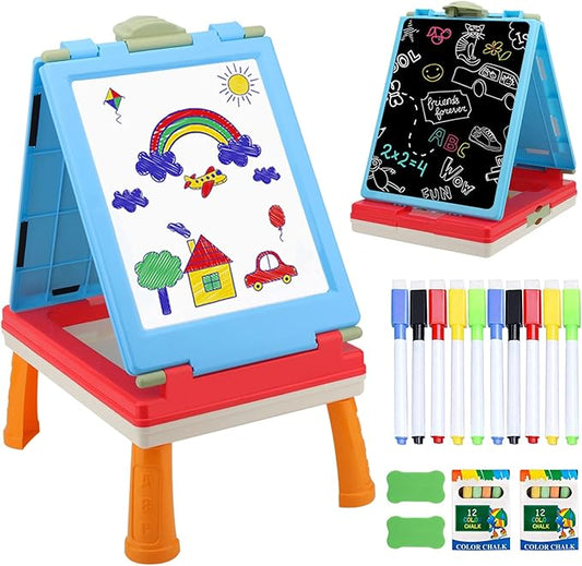 Table Art Easel for Kids, Double Sided Foldable Tabletop Drawing Easels Chalkboard Desk with Graffiti and Board Game Accessories Supplies for Boys and Girls (Red)