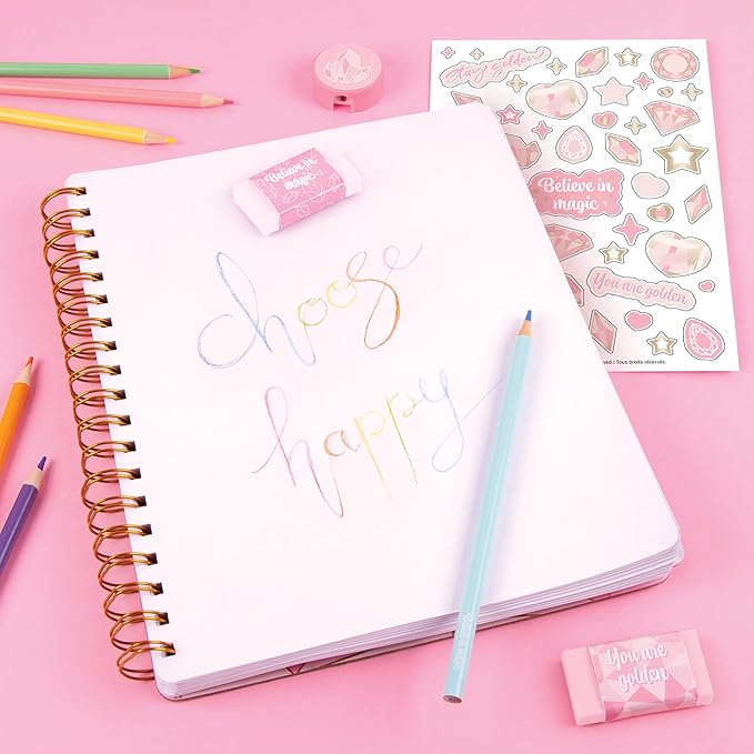 Three Cheers for Girls - Pink & Gold All-In-1 Sketchbook Set - Girls Diary, Journal, Sketch Book for Kids w/ Pencils, Stickers & More - Drawing Kit for Kids - Unlined Diary for Girls - Kids Sketch Pad