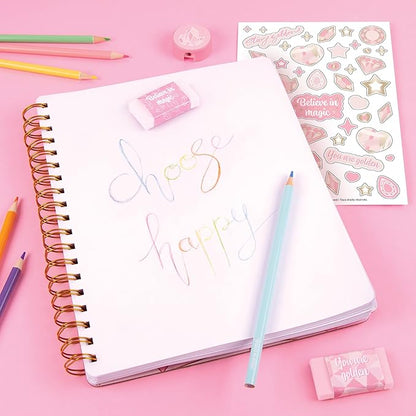Three Cheers for Girls - Pink & Gold All-In-1 Sketchbook Set - Girls Diary, Journal, Sketch Book for Kids w/ Pencils, Stickers & More - Drawing Kit for Kids - Unlined Diary for Girls - Kids Sketch Pad