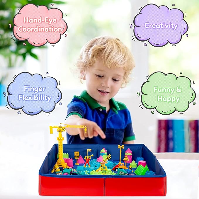 ThinkMax Sand Kit for Kids, 3lbs Sand, 6 Mini Construction Trucks, Construction Toys and Signs, Castle Sand Molds Tools, Foldable Box and Storage Bin Tote, 43PCS Sand Set for Boys Grils