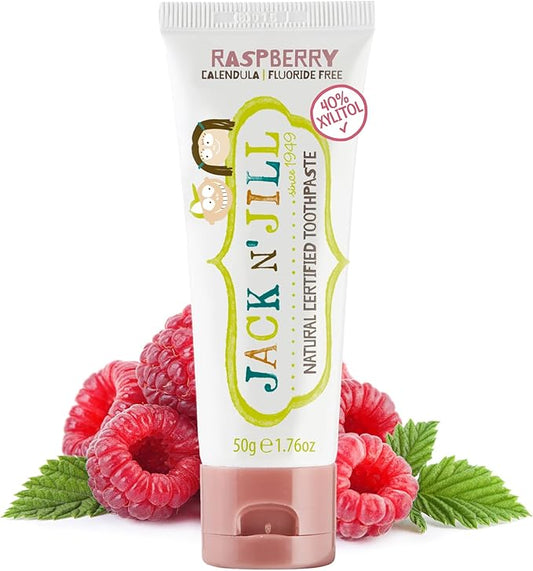 Jack N' Jill Natural Toddler Toothpaste for Baby, Kids and Infants 6 Months & Up, Fluoride Free Training Toothpaste for Toddlers 1-3, 40% Xylitol, BPA Free - Raspberry, 1.76 oz (Pack of 1)