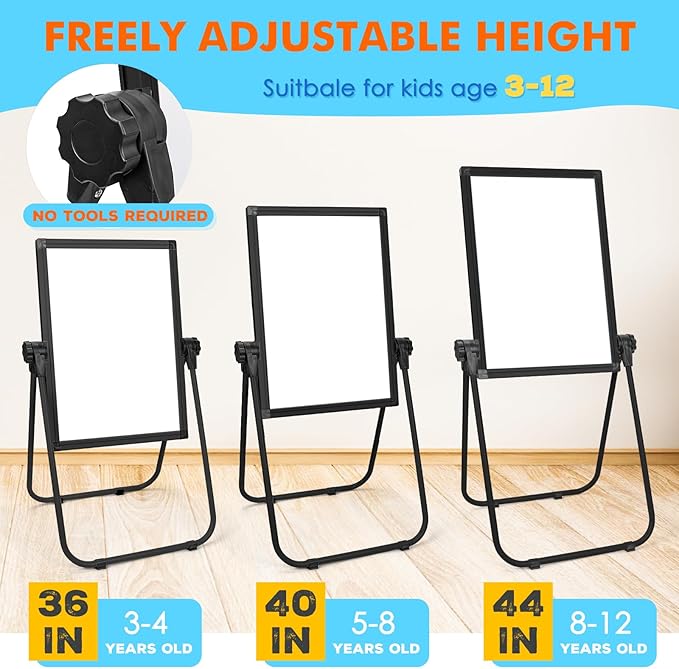 WEYOUNG Easel for Kids Easel for Toddlers, Adjustable Standingg Metal Toddler Easels Whiteboard & Chalkboard for Kids, Magnetic Art Easel for Kids Age 2-4 4-8 9-12, Black
