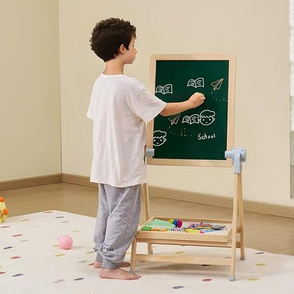 VEVOR Art Easel for Kids, 2-in-1 Wooden Double-Sided Kid's Art Easel with Magnetic Whiteboard & Chalkboard, Adjustable Standing Rotatable Foldable Drawing Board with Painting Accessories for Boy Girl