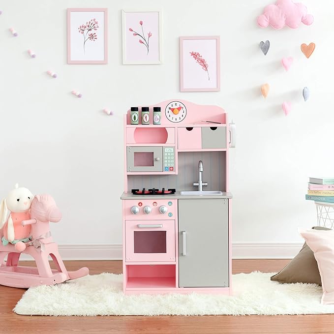 Teamson Kids Little Chef Florence Classic Interactive Wooden Play Kitchen with Accessories and Storage Space for Easy Clean Up, Pink with Gray Accents