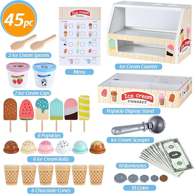 WHOHOLL Wooden Ice Cream Counter Playset for Toddler Girl Toys, Play Store Pretend Toy Food Play Kitchen Accessories with Fake Money & Coin, Gifts for 3-8 Year Old Kids