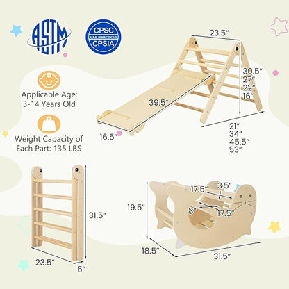 Costzon Climbing Toys for Toddlers, Foldable Montessori Wooden Arch Climber Ladder with Sliding Ramp, Play Table, Multi-Combination Methods, Kids Triangle Climber Play Gym Set for Boys Girls Present