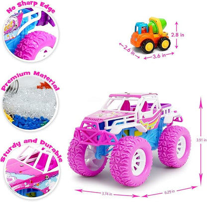 Pink Toys Car for Toddler Girl, 2 Pack 6.3 Inch Push and Go Vehicle Monster Toy Trucks for 3 4 5 6 Year Old Kids Gifts