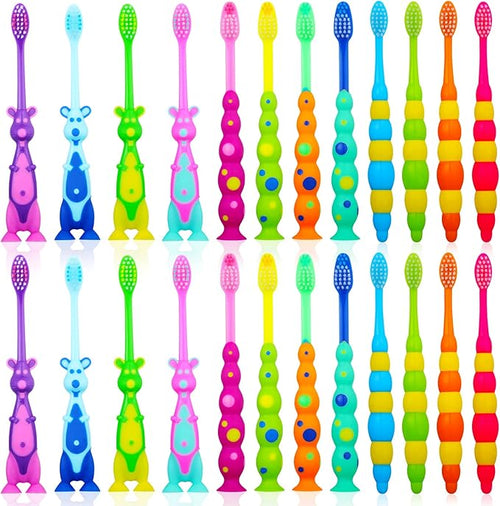 24 Pieces Toddler Toothbrush Bulk Kids Toothbrush Pack Manual Baby Toothbrushes with Covers Suction Cup Toothbrush Lovely Soft Bristle Animal Toothbrush for Kids Sensitive Teeth