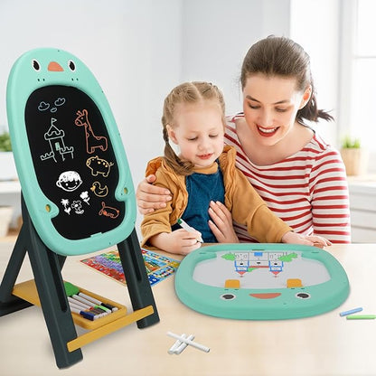 Table Easel for Kids, Double Sided Adjustable Tabletop Drawing Magnetic Easels with Graffiti and Board Game Accessories for Toddlers Boys and Girls (Blue)