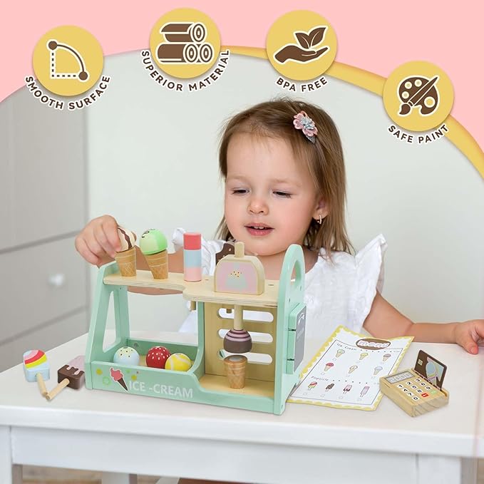 Wooden Ice Cream Counter Playset for Kids, 19pcs Ice Cream Toys for Toddlers, Ice Cream Shop Toys for Kids Ages 3+, Play Food and Accessories Pretend Food Toys for Girls Boys
