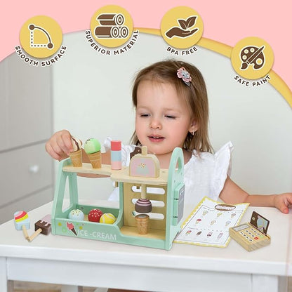 Wooden Ice Cream Counter Playset for Kids, 19pcs Ice Cream Toys for Toddlers, Ice Cream Shop Toys for Kids Ages 3+, Play Food and Accessories Pretend Food Toys for Girls Boys