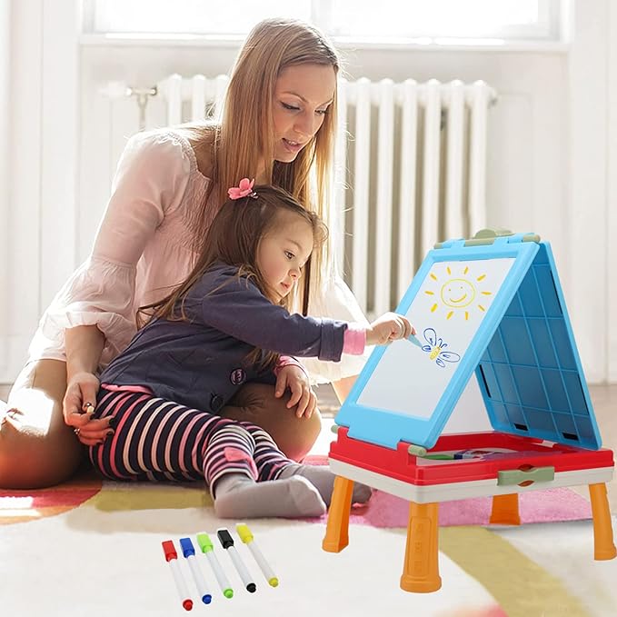 Table Art Easel for Kids, Double Sided Foldable Tabletop Drawing Easels Chalkboard Desk with Graffiti and Board Game Accessories Supplies for Boys and Girls (Red)