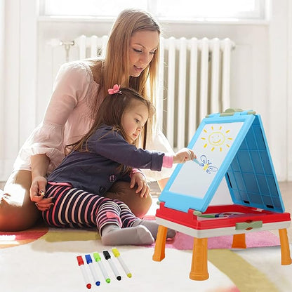 Table Art Easel for Kids, Double Sided Foldable Tabletop Drawing Easels Chalkboard Desk with Graffiti and Board Game Accessories Supplies for Boys and Girls (Red)