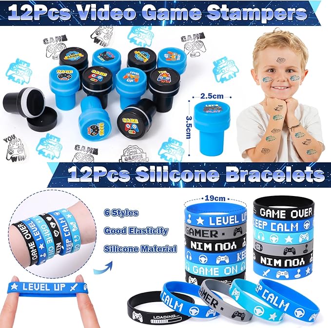 Winrayk 136Pcs Kids Video Game Party Favors Gamer Birthday Supplies, Straw VIP Pass Bag Bracelet Stamper Glow Sticker Keychain, Pinata Filler Goody Stuffer Girl Boy Game On Gaming Party Favors Decor