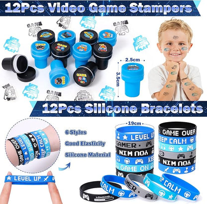Winrayk 136Pcs Kids Video Game Party Favors Gamer Birthday Supplies, Straw VIP Pass Bag Bracelet Stamper Glow Sticker Keychain, Pinata Filler Goody Stuffer Girl Boy Game On Gaming Party Favors Decor