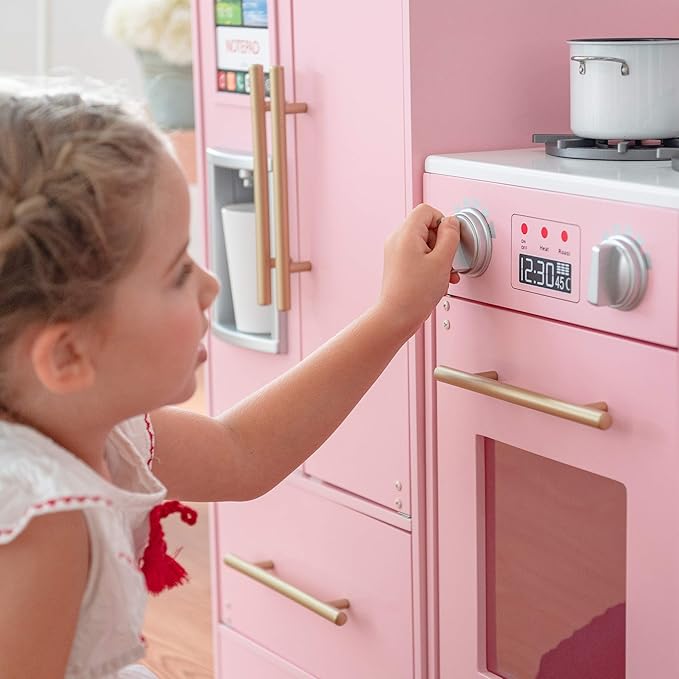 Teamson Kids Little Chef Charlotte 2-Piece Modular Wooden Play Kitchen with Icemaker and Ample Storage, Pink with Gold Hardware