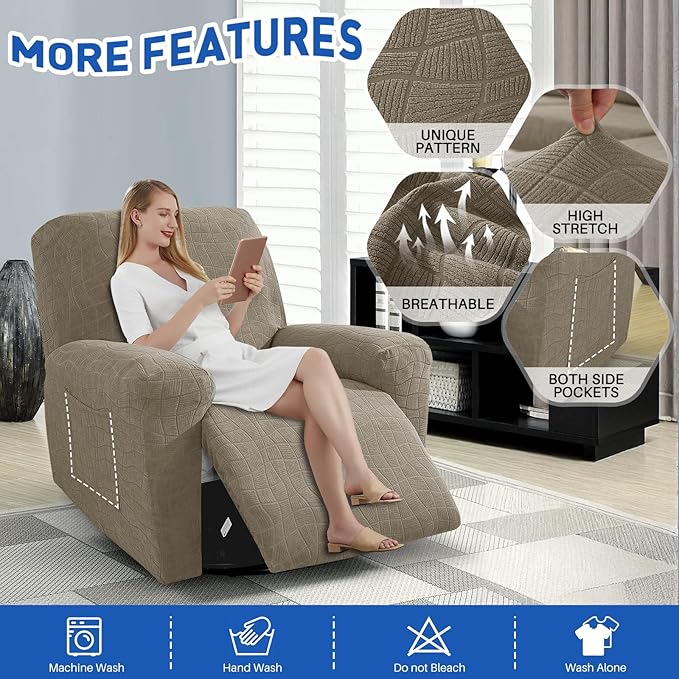 MAXIJIN Waterproof Recliner Covers for Large Recliner 3 Pieces Oversized Recliner Chair Covers, Washable Lazy Boy Reclining Slipcovers with Pockets for Pet, Kids (XL Recliner, Khaki New)