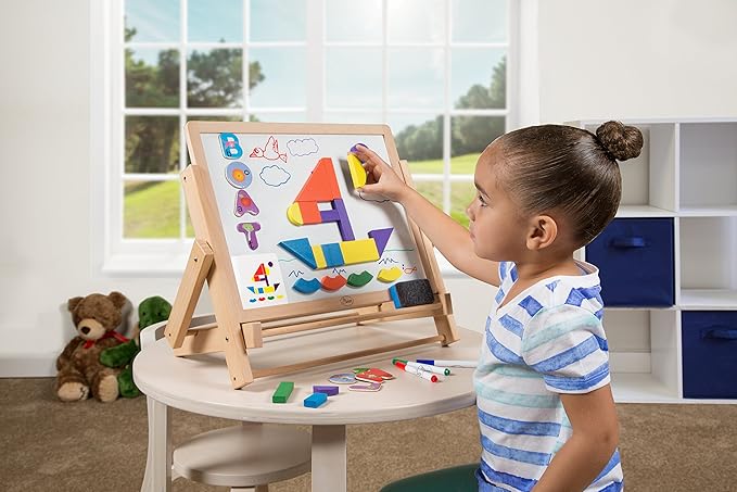 Wooden Double-Sided Tabletop Magnetic Dry Erase & Chalkboard Easel- 80 pc Activity Set for Kids Includes Magnet Letters, Shapes, Patterns, Chalk and 7 Dry Erase Markers- STEM Boys & Girls Play Center