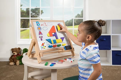 Wooden Double-Sided Tabletop Magnetic Dry Erase & Chalkboard Easel- 80 pc Activity Set for Kids Includes Magnet Letters, Shapes, Patterns, Chalk and 7 Dry Erase Markers- STEM Boys & Girls Play Center